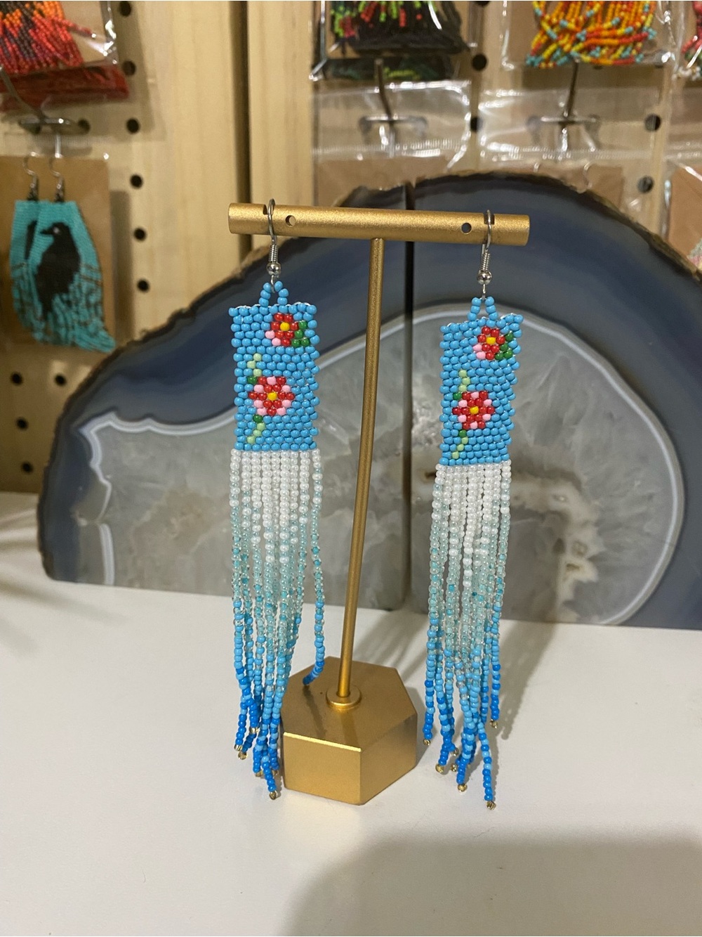 Turquoise Blue Beaded Floral Fringe Earrings